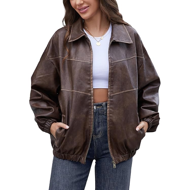 Brown Oversized 90's Y2K Leather Jacket - Birthday Gift for Her at